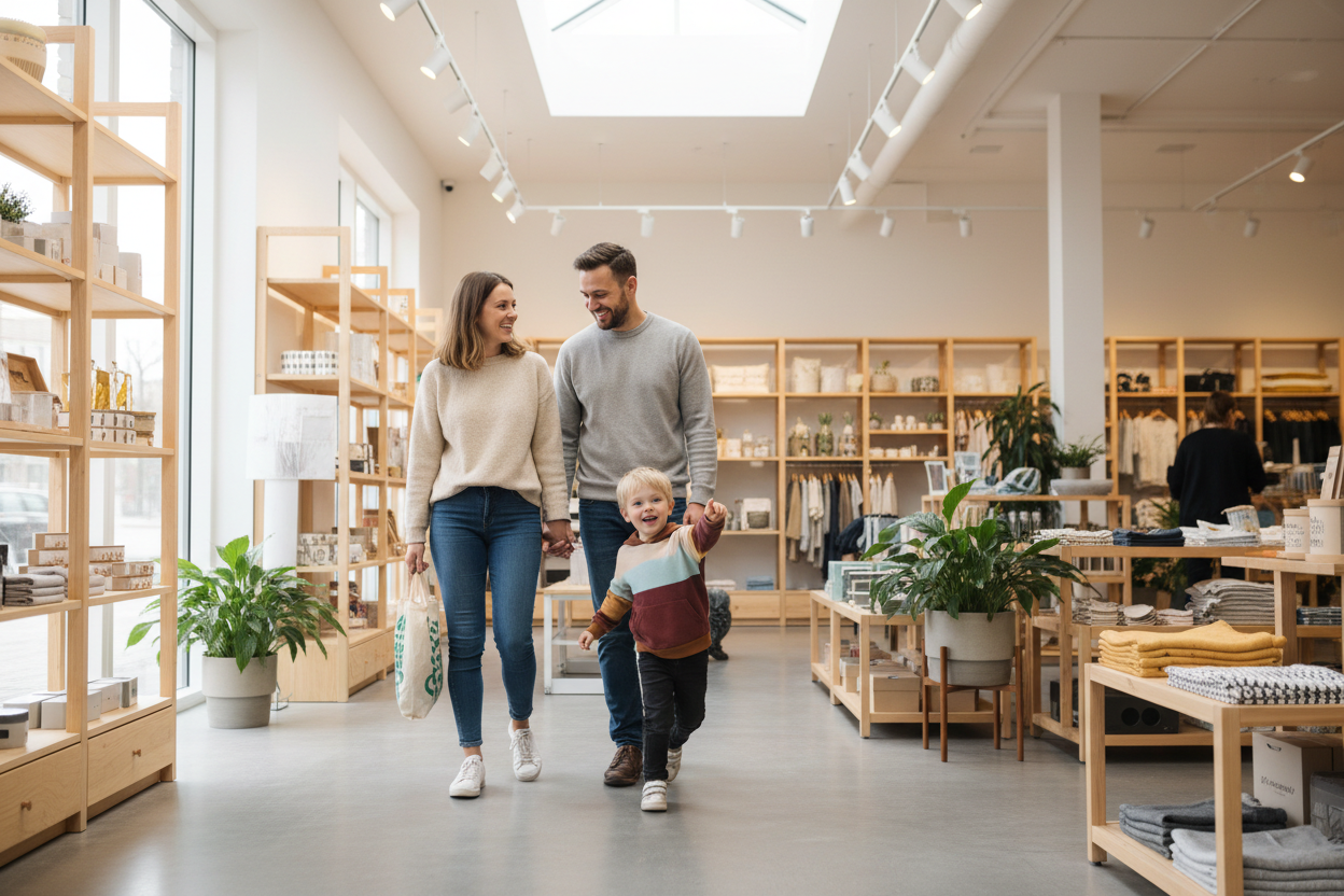 happy young couple shopping with their kid